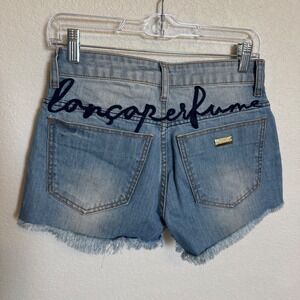 Y2K Embroidered Lança Perfume Brazilian Cutoff Denim Shorts Size 28 Blue
